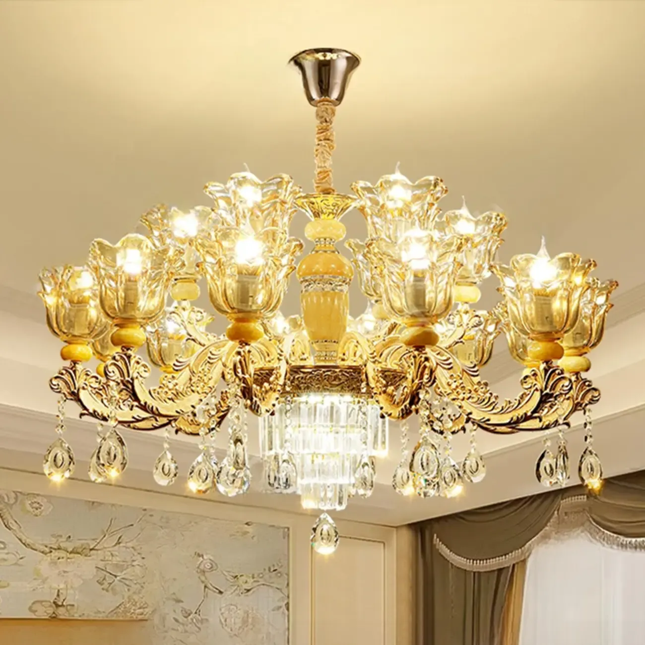 Adjustable Luxury Gold Flower Shape Clear Glass Chandelier Image - 3
