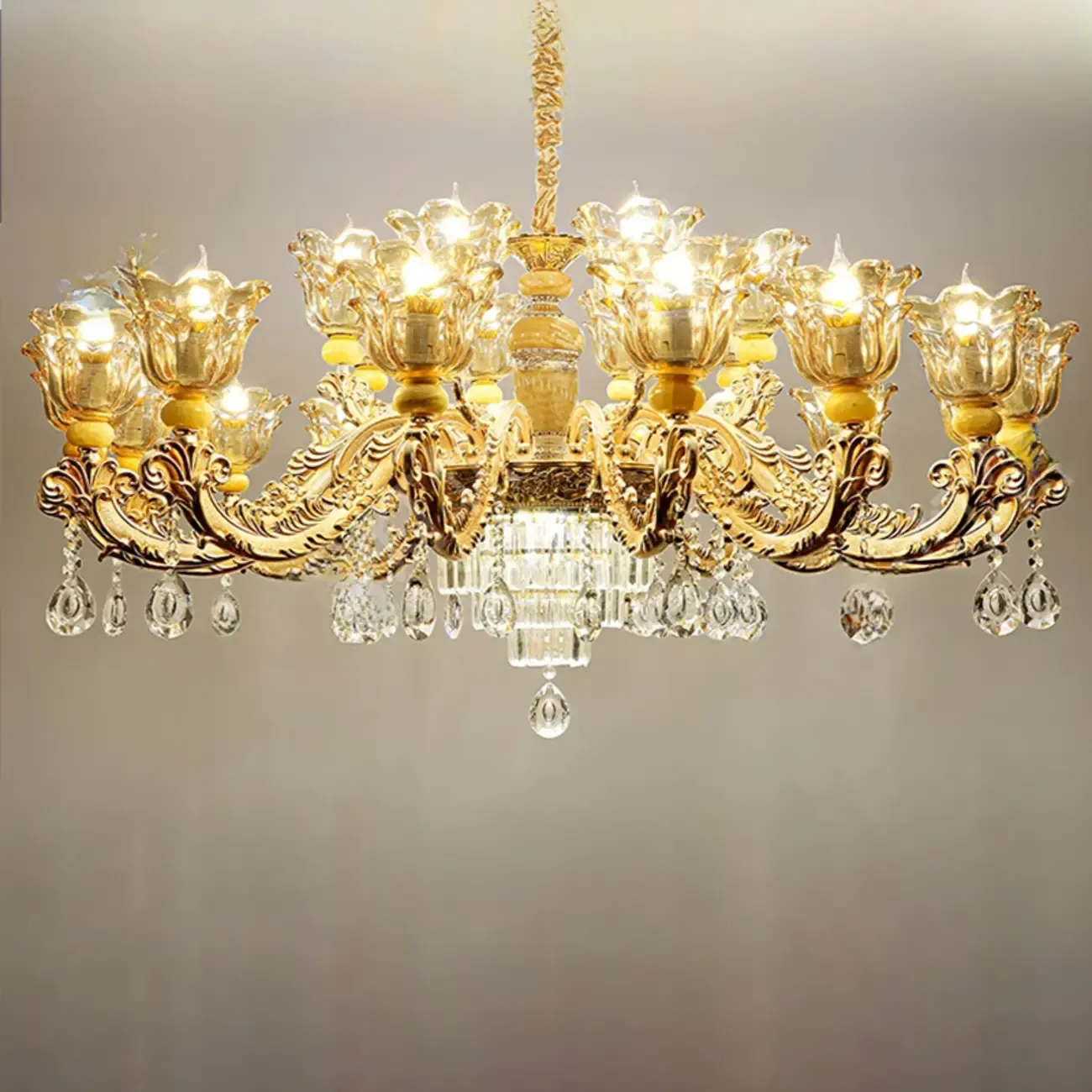 Adjustable Luxury Gold Flower Shape Clear Glass Chandelier Image - 9