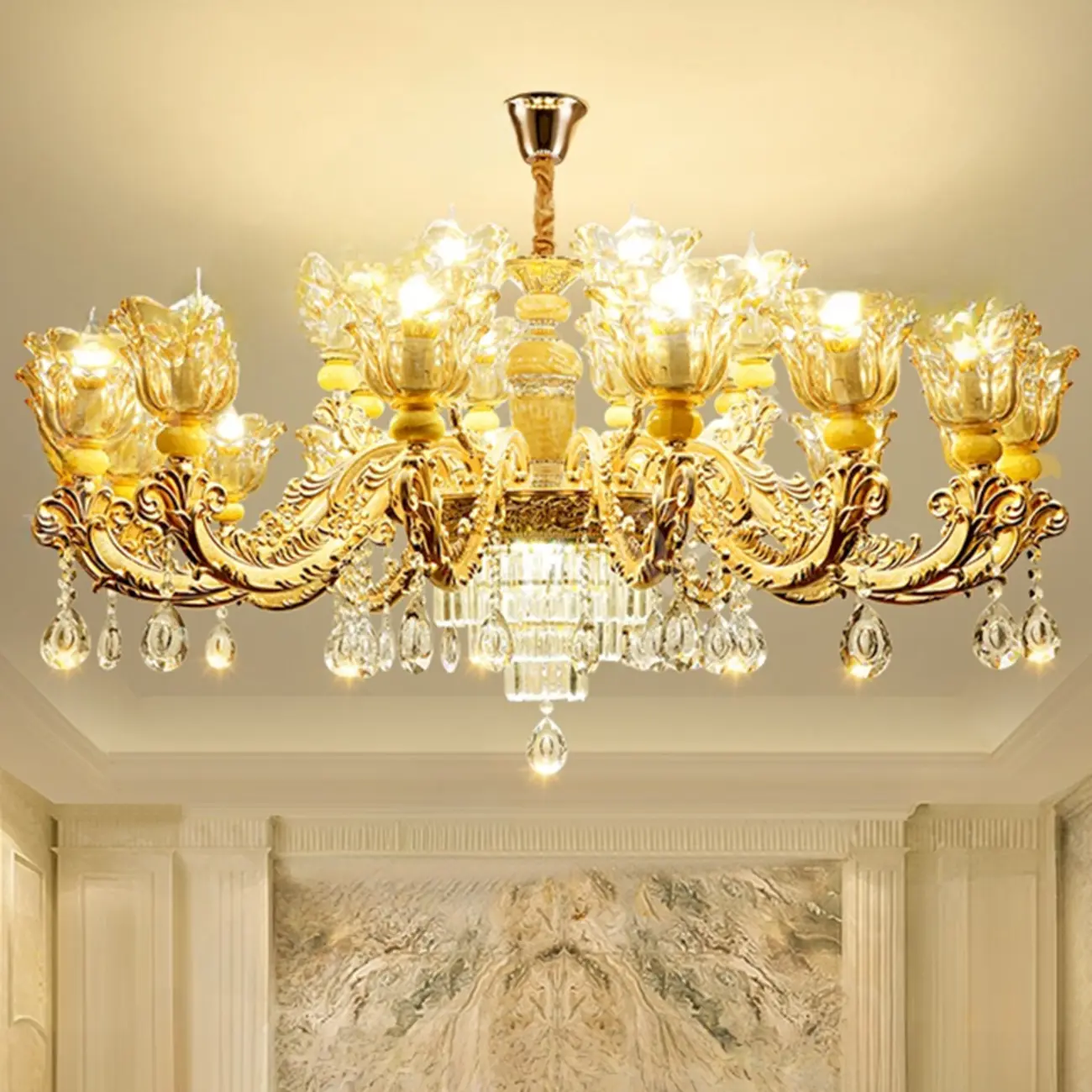 Adjustable Luxury Gold Flower Shape Clear Glass Chandelier Image - 4 | homeyfad