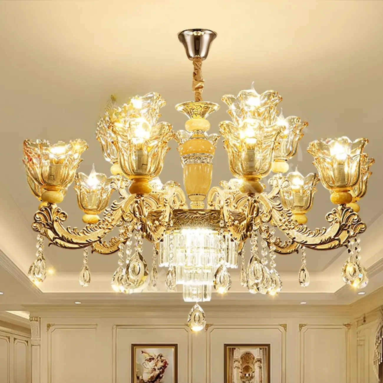 Adjustable Luxury Gold Flower Shape Clear Glass Chandelier Image - 5 | homeyfad