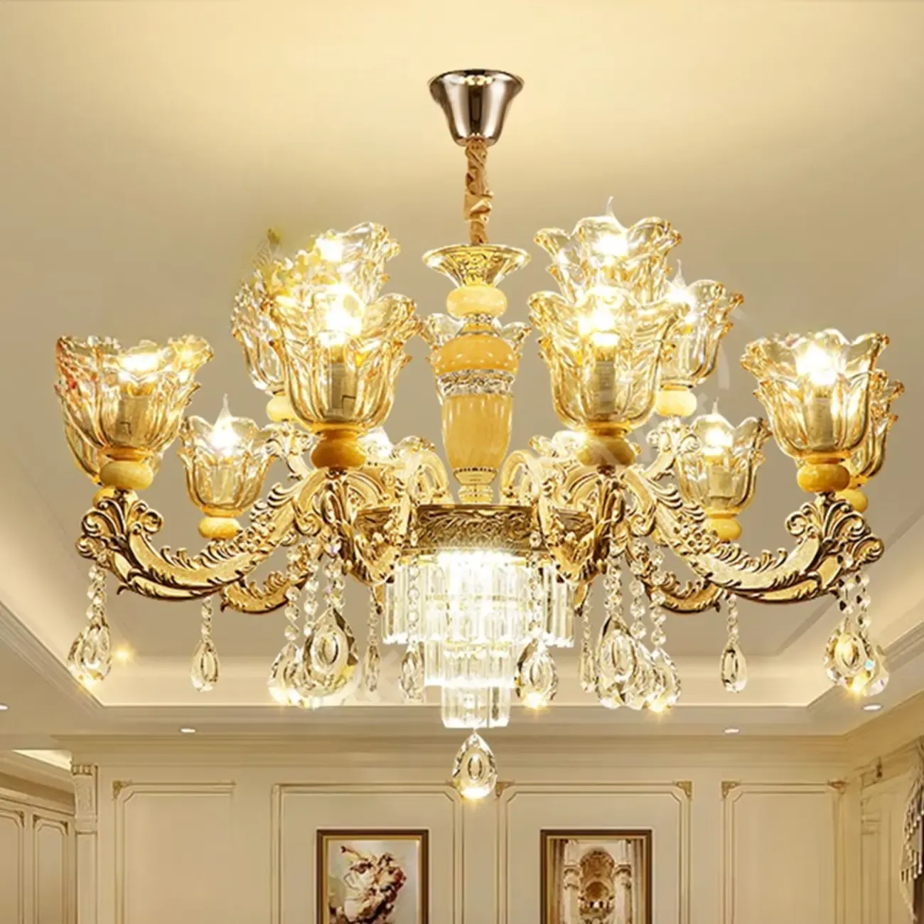 Adjustable Luxury Gold Flower Shape Clear Glass Chandelier Image - 5