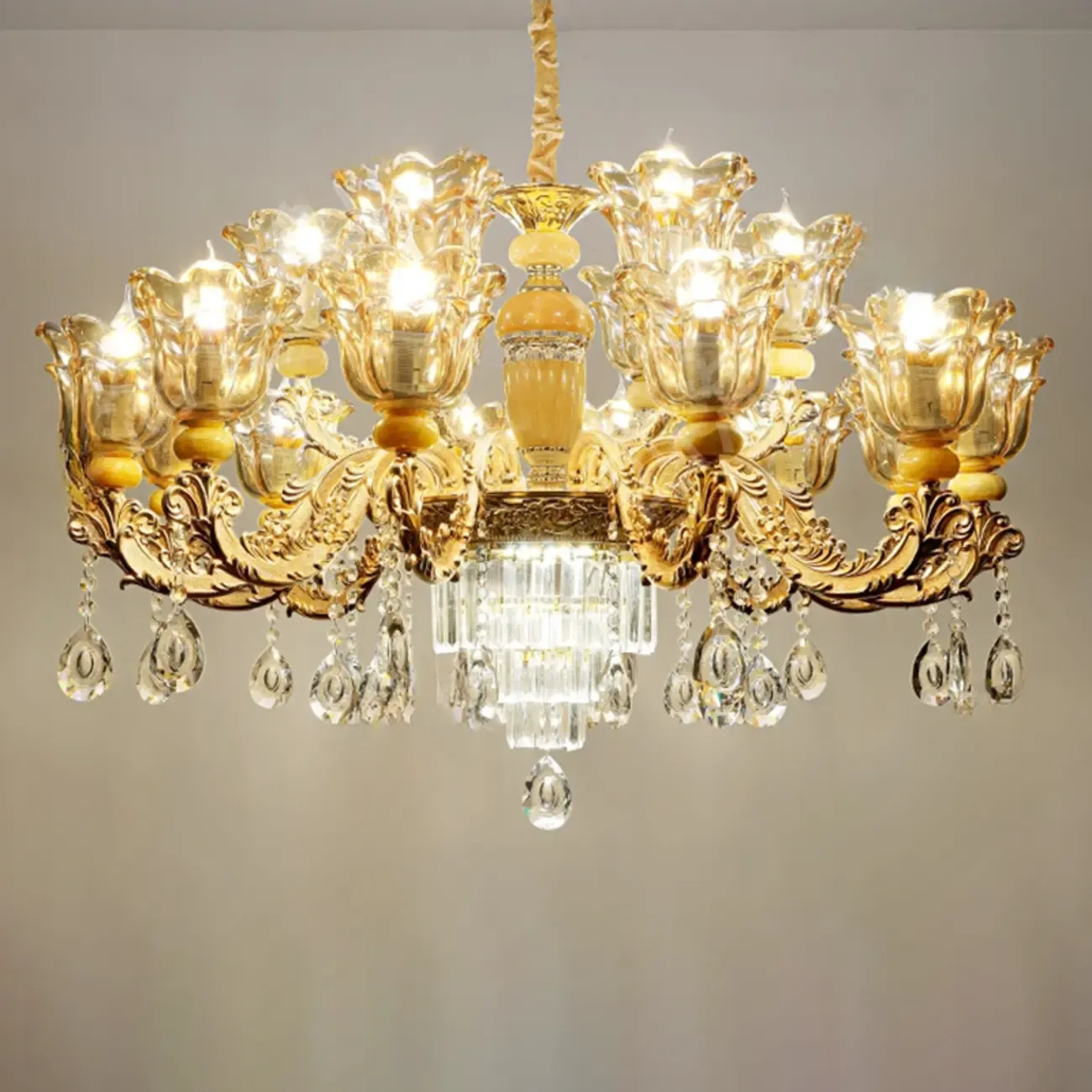 Adjustable Luxury Gold Flower Shape Clear Glass Chandelier Image - 10