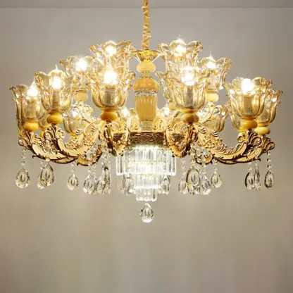 Adjustable Luxury Gold Flower Shape Clear Glass Chandelier Image - 10
