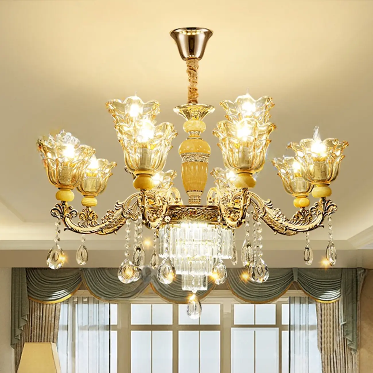Adjustable Luxury Gold Flower Shape Clear Glass Chandelier Image - 6 | homeyfad