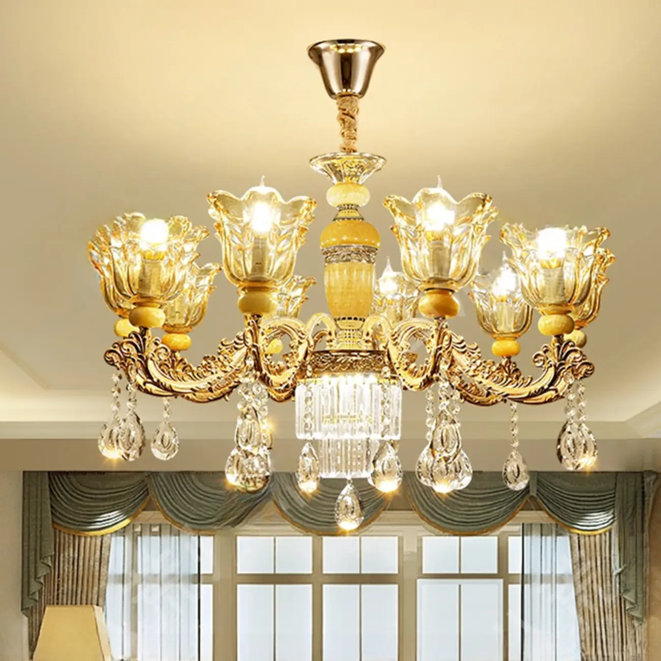 Adjustable Luxury Gold Flower Shape Clear Glass Chandelier Image - 1 | homeyfad