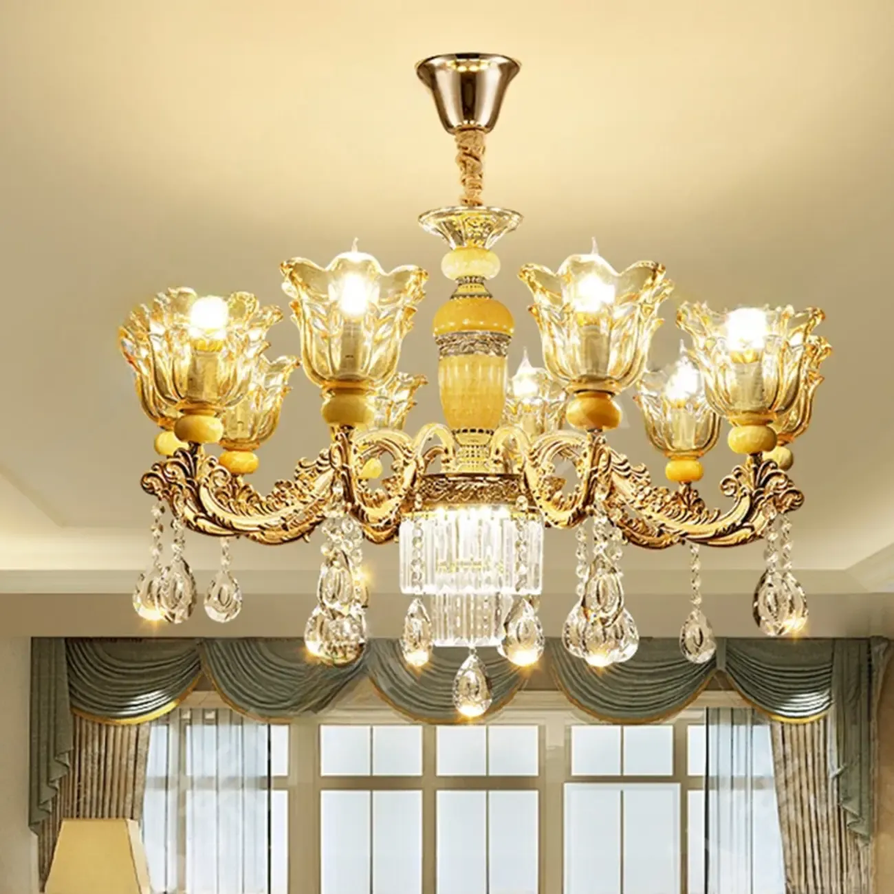 Adjustable Luxury Gold Flower Shape Clear Glass Chandelier Image - 1