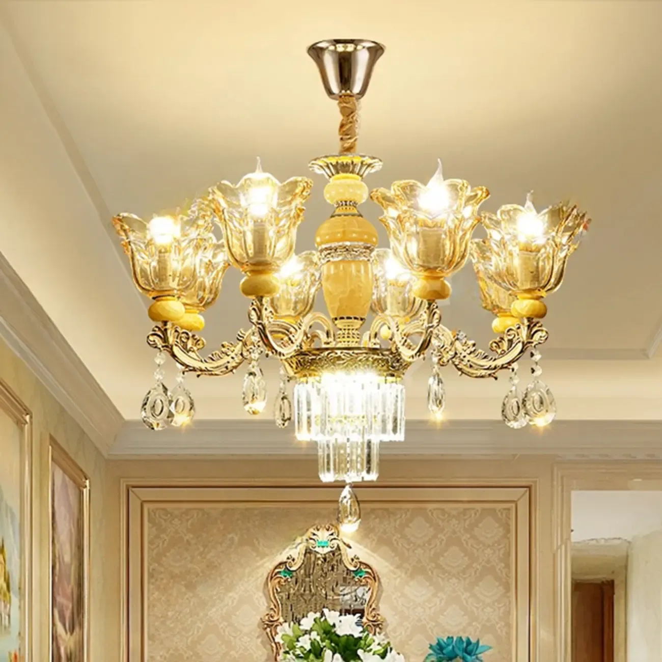 Adjustable Luxury Gold Flower Shape Clear Glass Chandelier Image - 2
