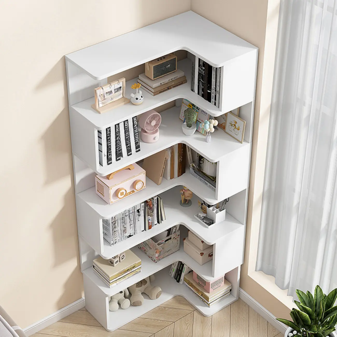 Irregular White L-shaped Wood Open Back Corner Bookcase Image - 3 | homeyfad