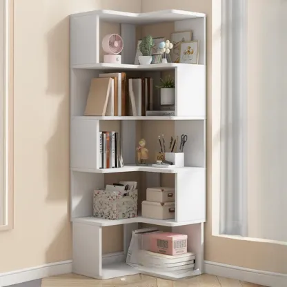 Irregular White L-shaped Wood Open Back Corner Bookcase Image - 4
