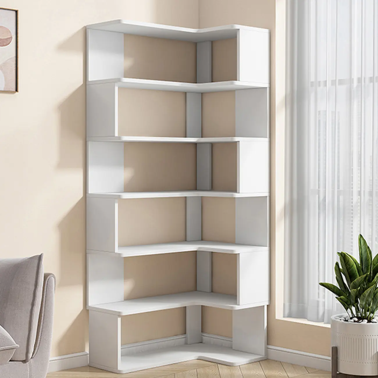 Irregular White L-shaped Wood Open Back Corner Bookcase Image - 2 | homeyfad