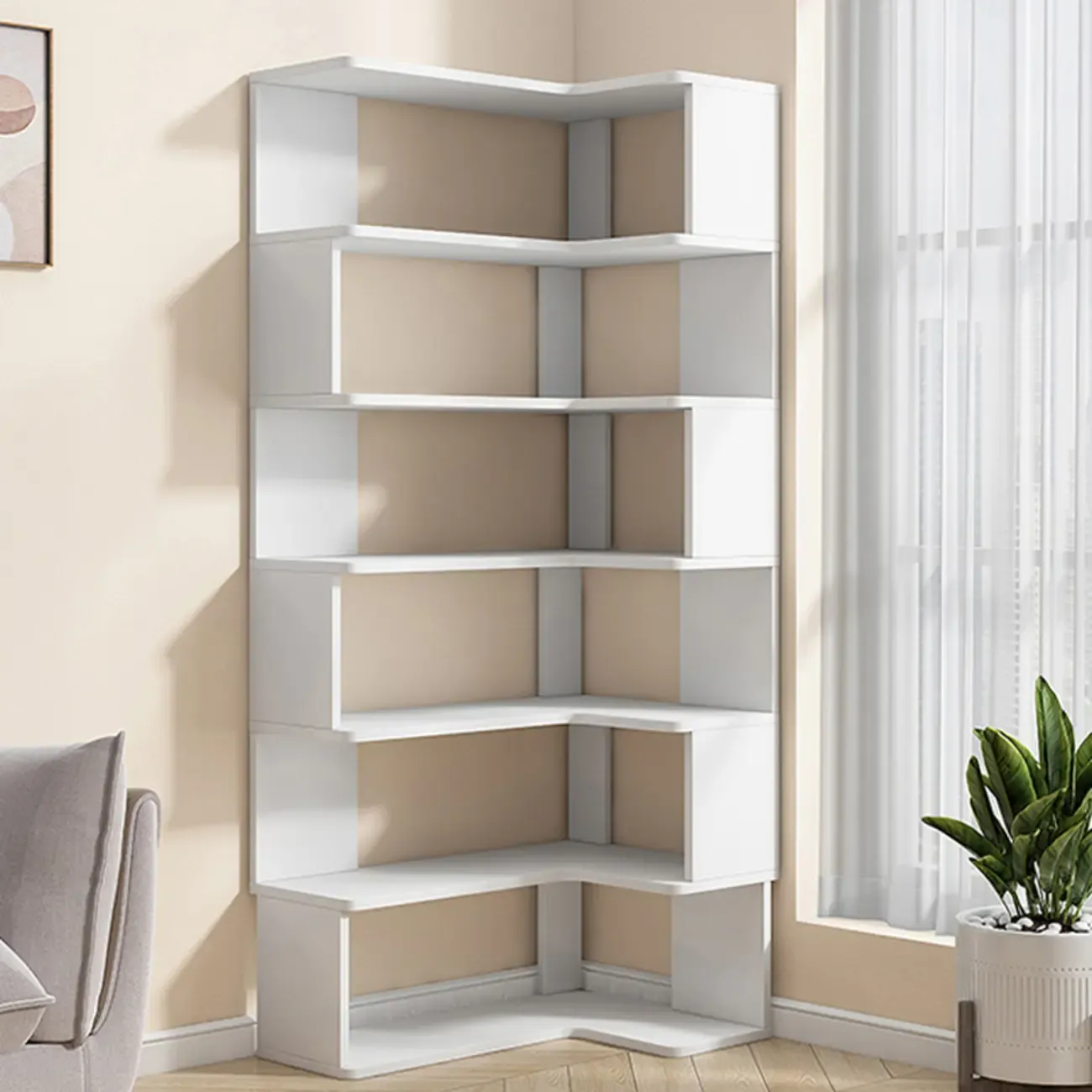 Irregular White L-shaped Wood Open Back Corner Bookcase Image - 2
