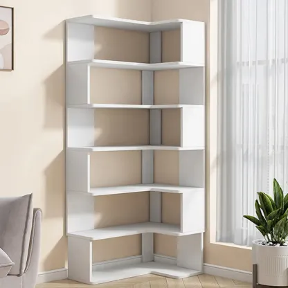 Irregular White L-shaped Wood Open Back Corner Bookcase Image - 2
