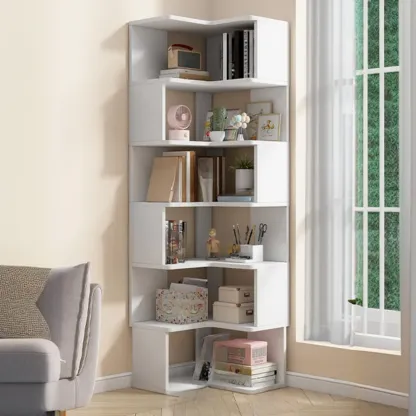 Irregular White L-shaped Wood Open Back Corner Bookcase Image - 6