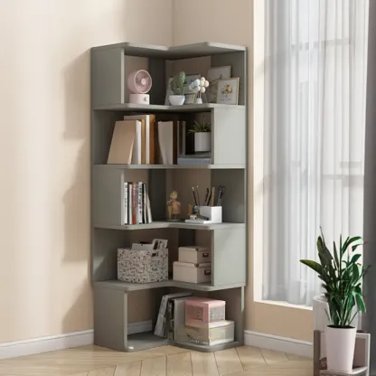 Irregular White L-shaped Wood Open Back Corner Bookcase Image - 5