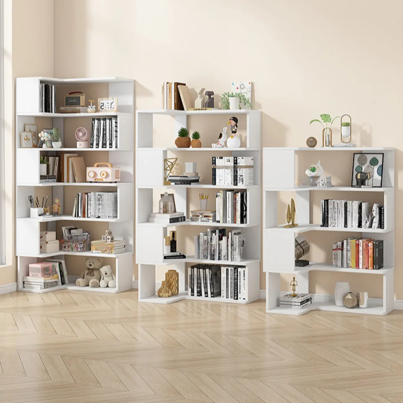 Irregular White L-shaped Wood Open Back Corner Bookcase Image - 1 | homeyfad