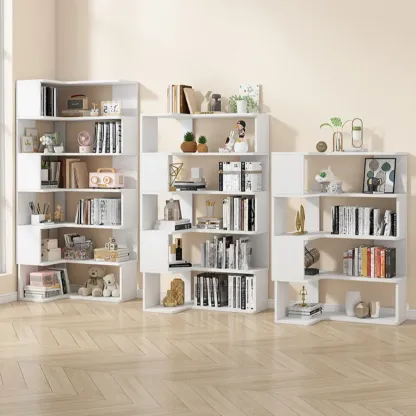 Irregular White L-shaped Wood Open Back Corner Bookcase Image - 1