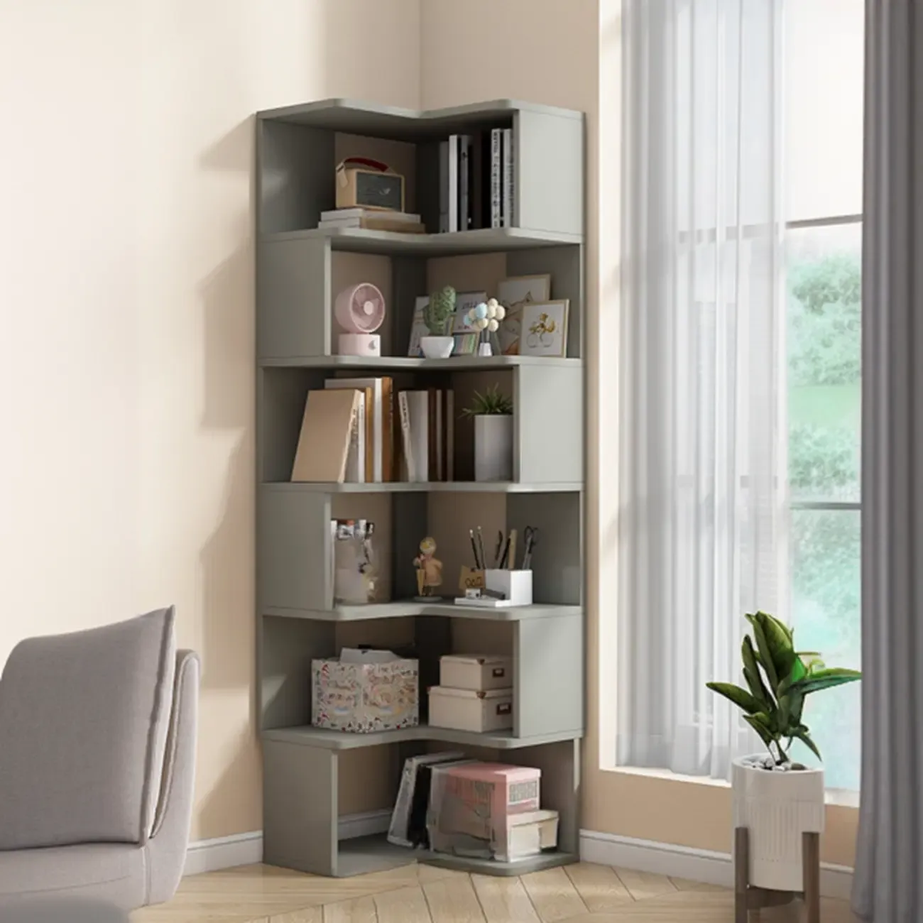 Irregular White L-shaped Wood Open Back Corner Bookcase Image - 7