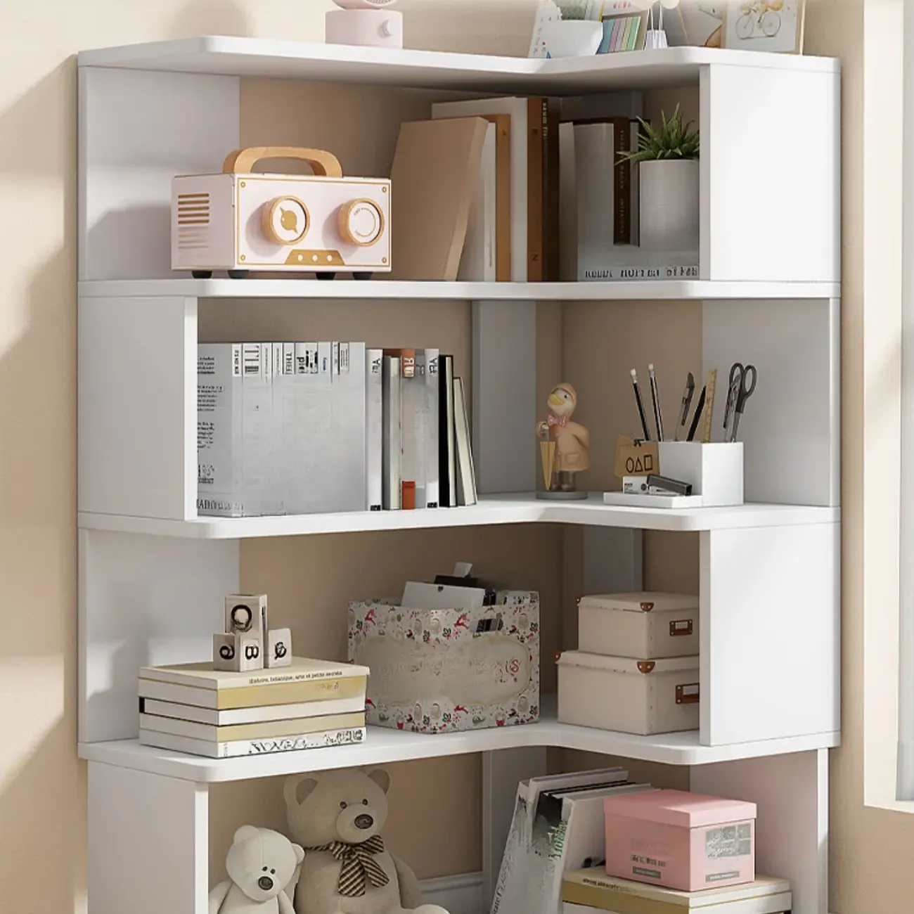 Irregular White L-shaped Wood Open Back Corner Bookcase Image - 12