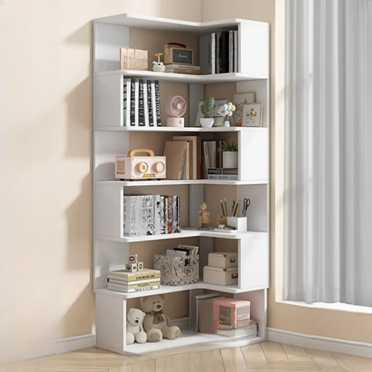 Irregular White L-shaped Wood Open Back Corner Bookcase Image - 8