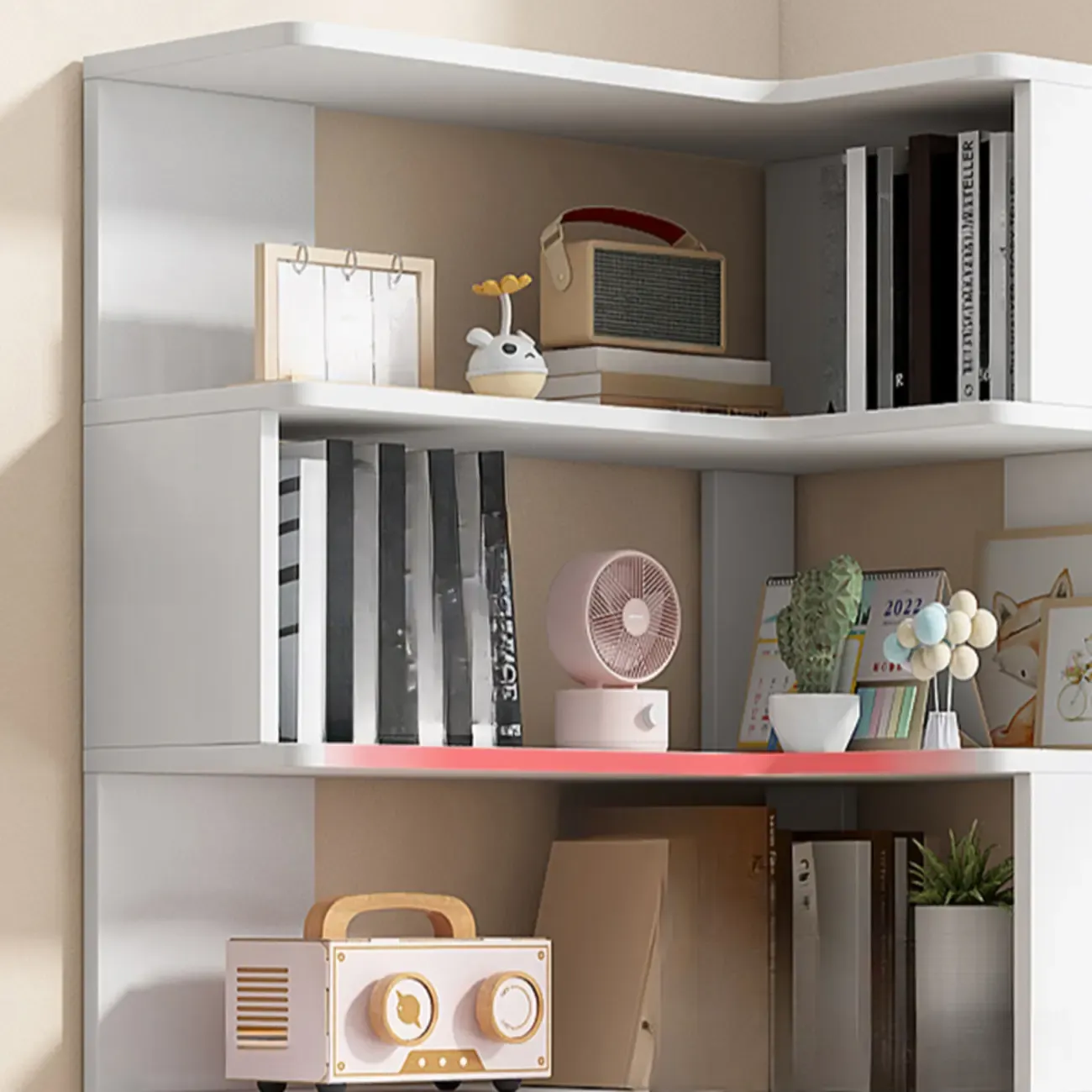 Irregular White L-shaped Wood Open Back Corner Bookcase Image - 13