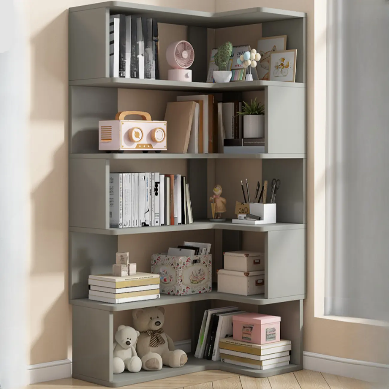 Irregular White L-shaped Wood Open Back Corner Bookcase Image - 11 | homeyfad