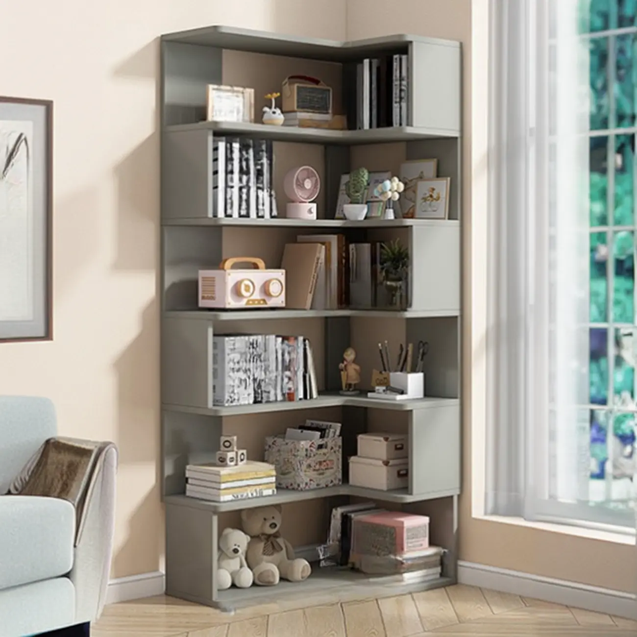 Irregular White L-shaped Wood Open Back Corner Bookcase Image - 9 | homeyfad
