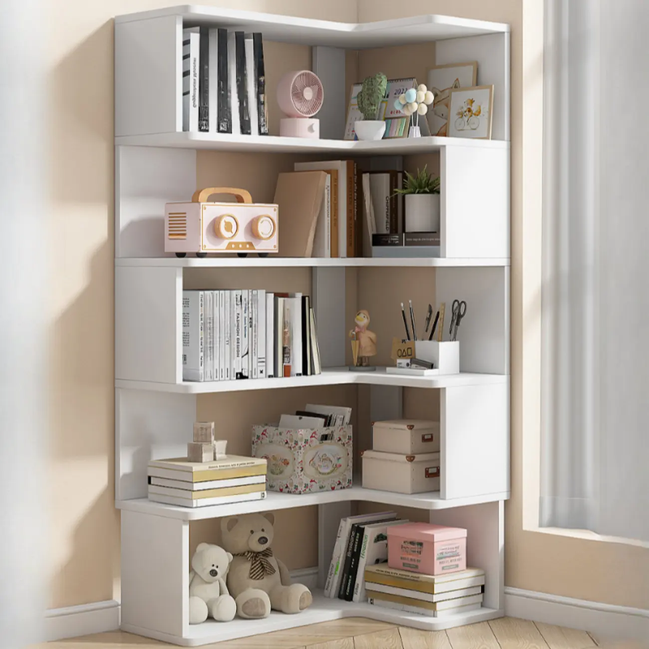 Irregular White L-shaped Wood Open Back Corner Bookcase Image - 10 | homeyfad