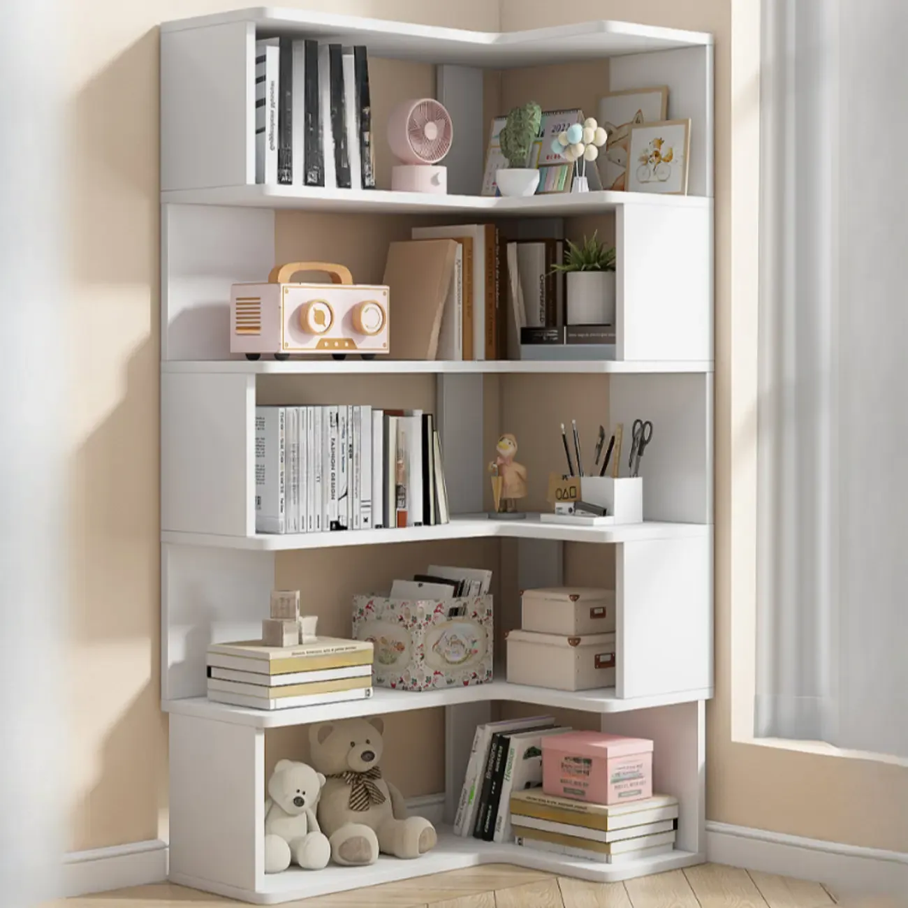 Irregular White L-shaped Wood Open Back Corner Bookcase Image - 10