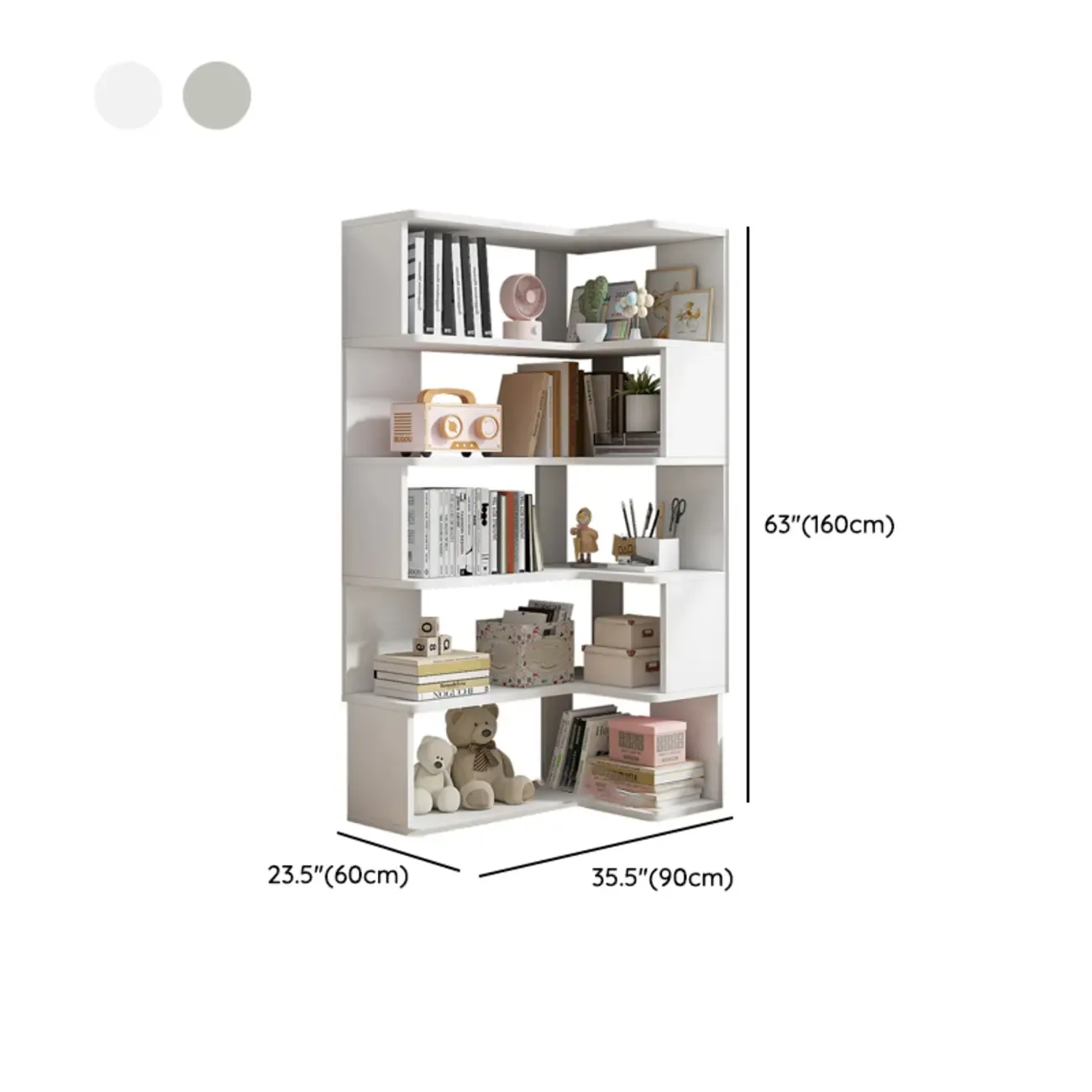 Irregular White L-shaped Wood Open Back Corner Bookcase Image - 17