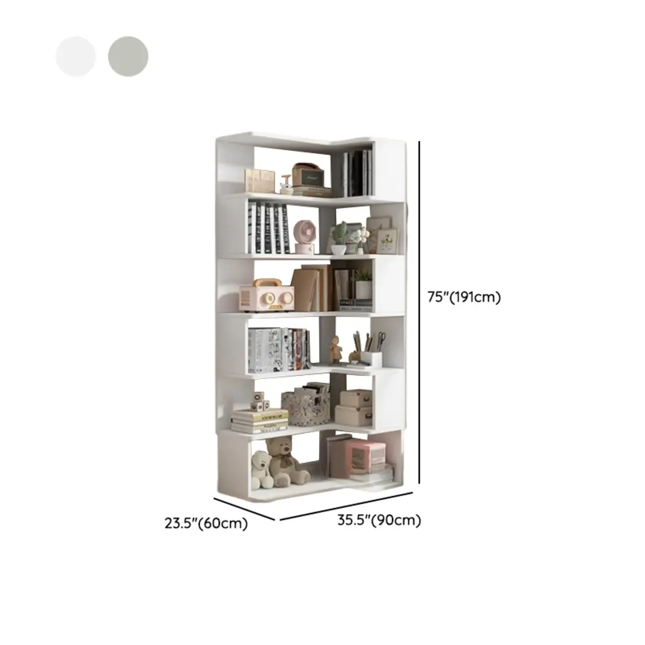 Irregular White L-shaped Wood Open Back Corner Bookcase Image - 21