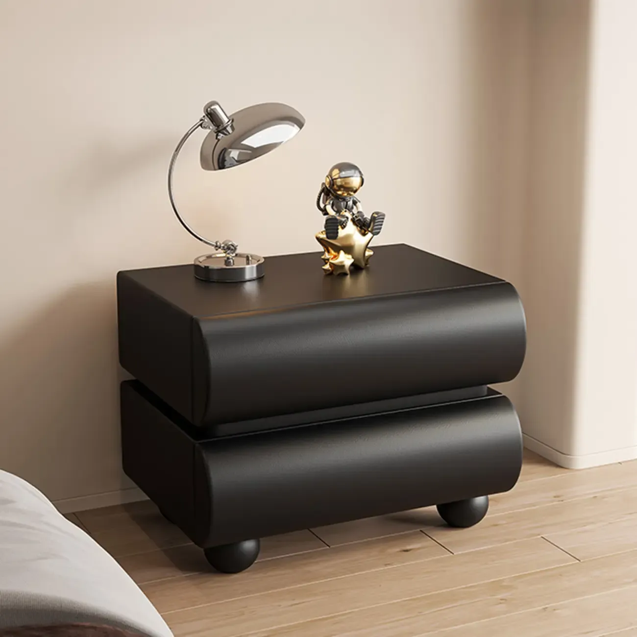 Stylish Black Unique Rounded Wooden Bedside Nightstand Image - 1