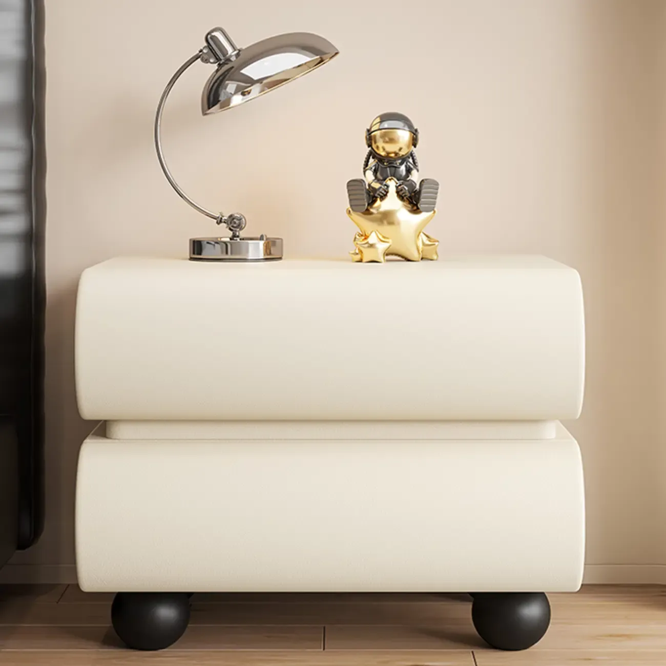 Stylish Black Unique Rounded Wooden Bedside Nightstand Image - 4