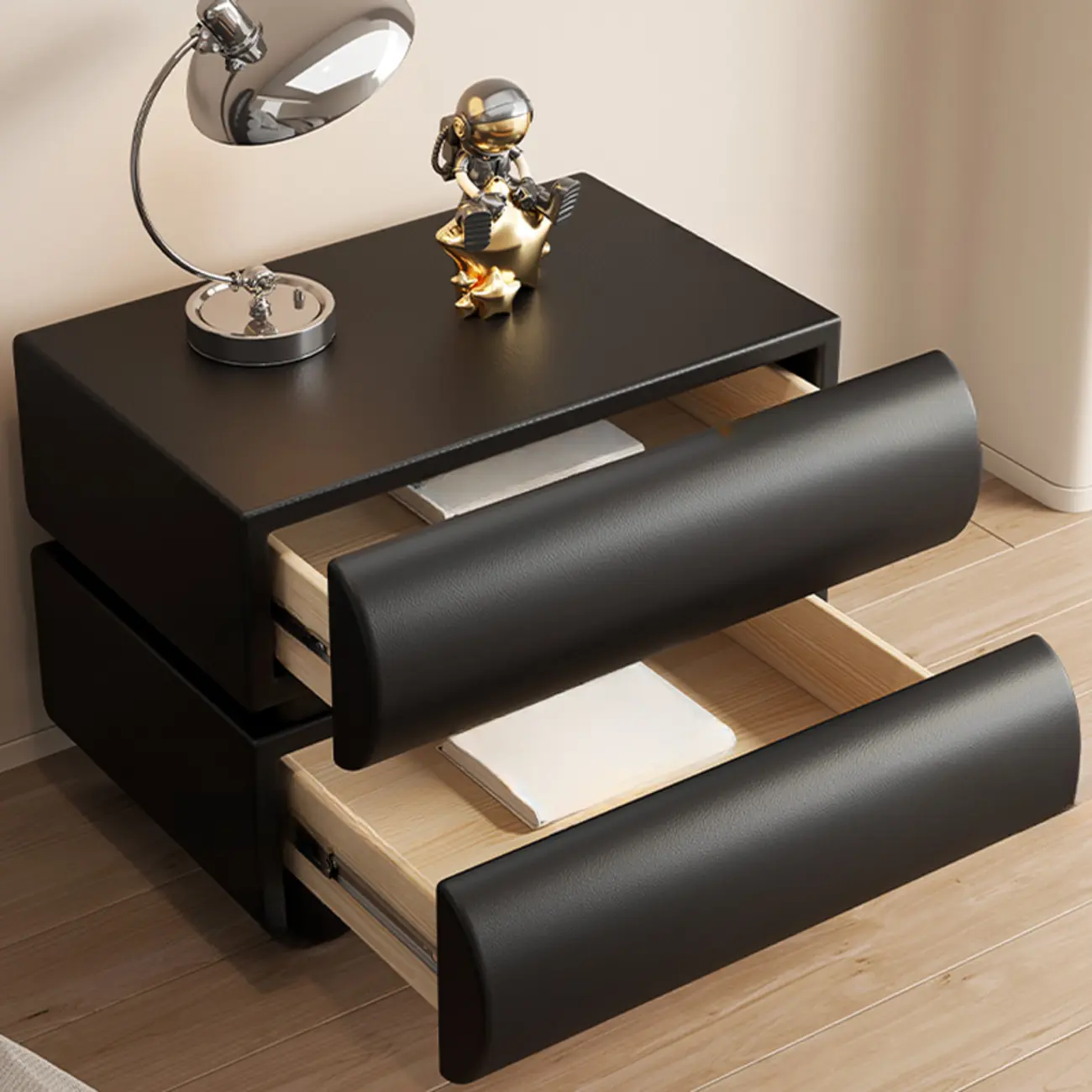 Stylish Black Unique Rounded Wooden Bedside Nightstand Image - 2 | homeyfad