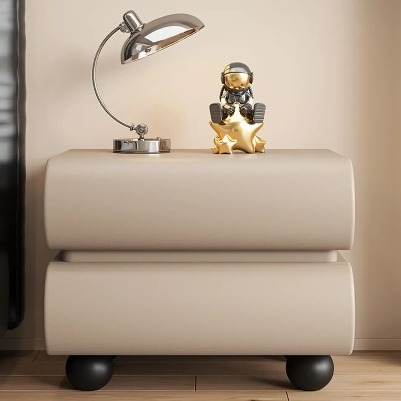 Stylish Black Unique Rounded Wooden Bedside Nightstand Image - 5