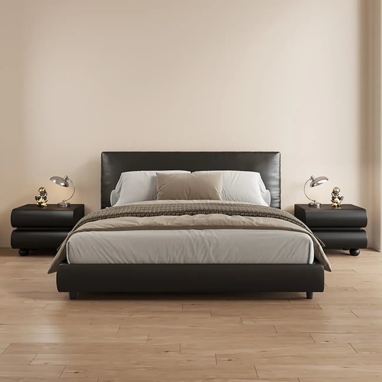 Stylish Black Unique Rounded Wooden Bedside Nightstand Image - 6