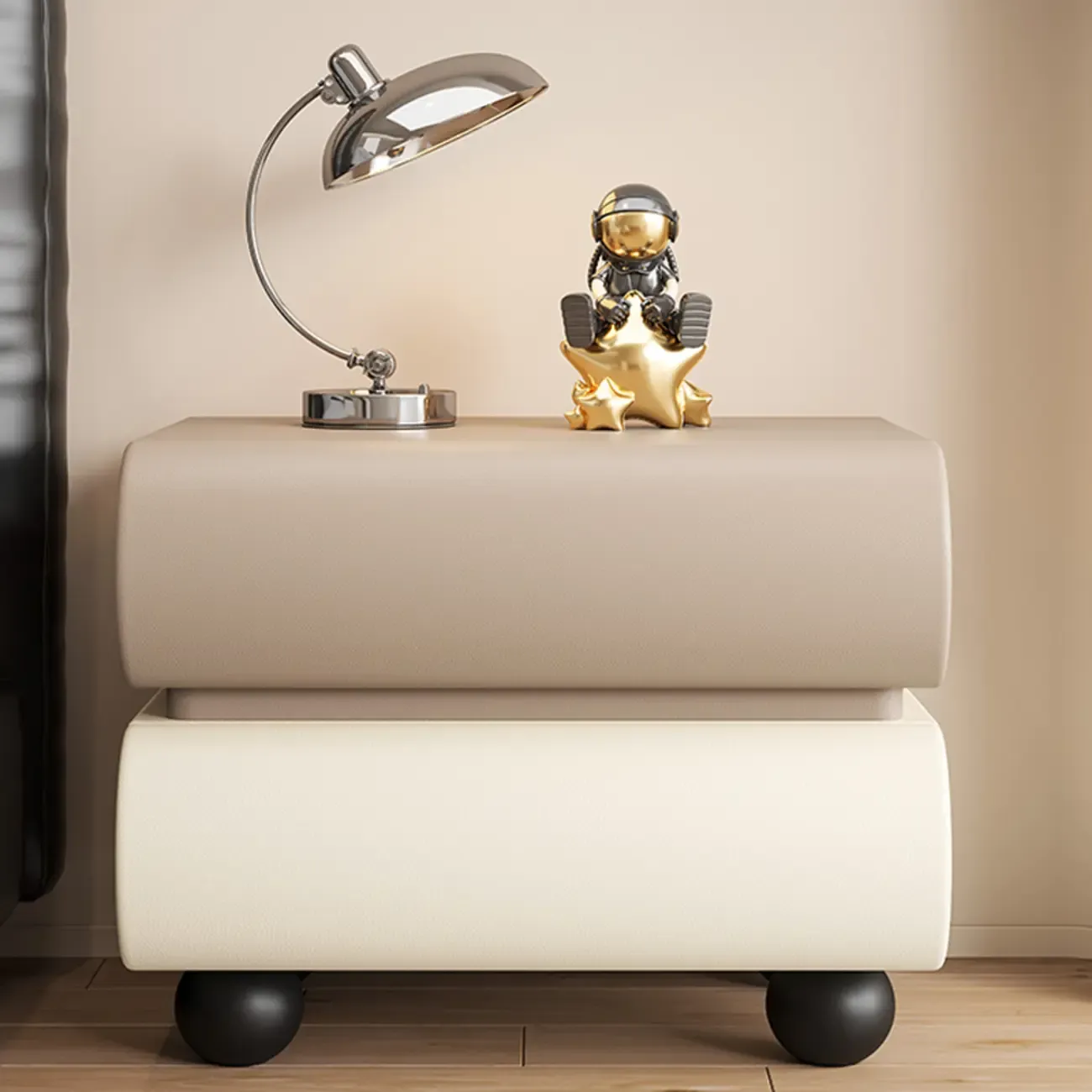 Stylish Black Unique Rounded Wooden Bedside Nightstand Image - 9