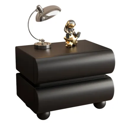 Stylish Black Unique Rounded Wooden Bedside Nightstand Image - 10