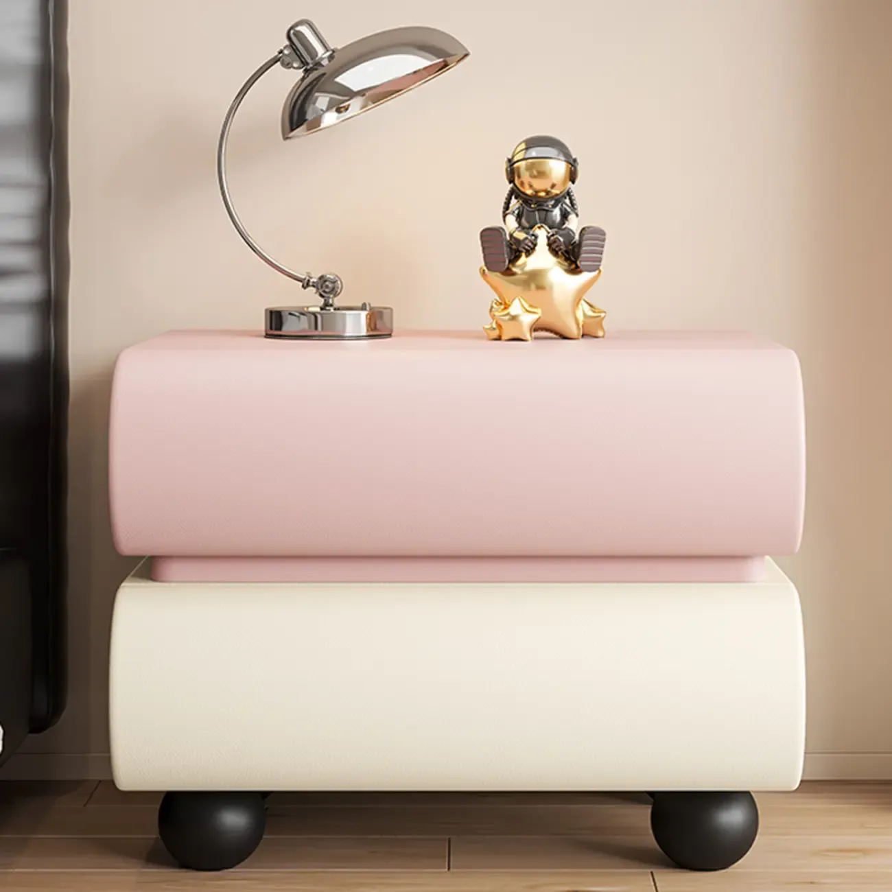 Stylish Black Unique Rounded Wooden Bedside Nightstand Image - 15