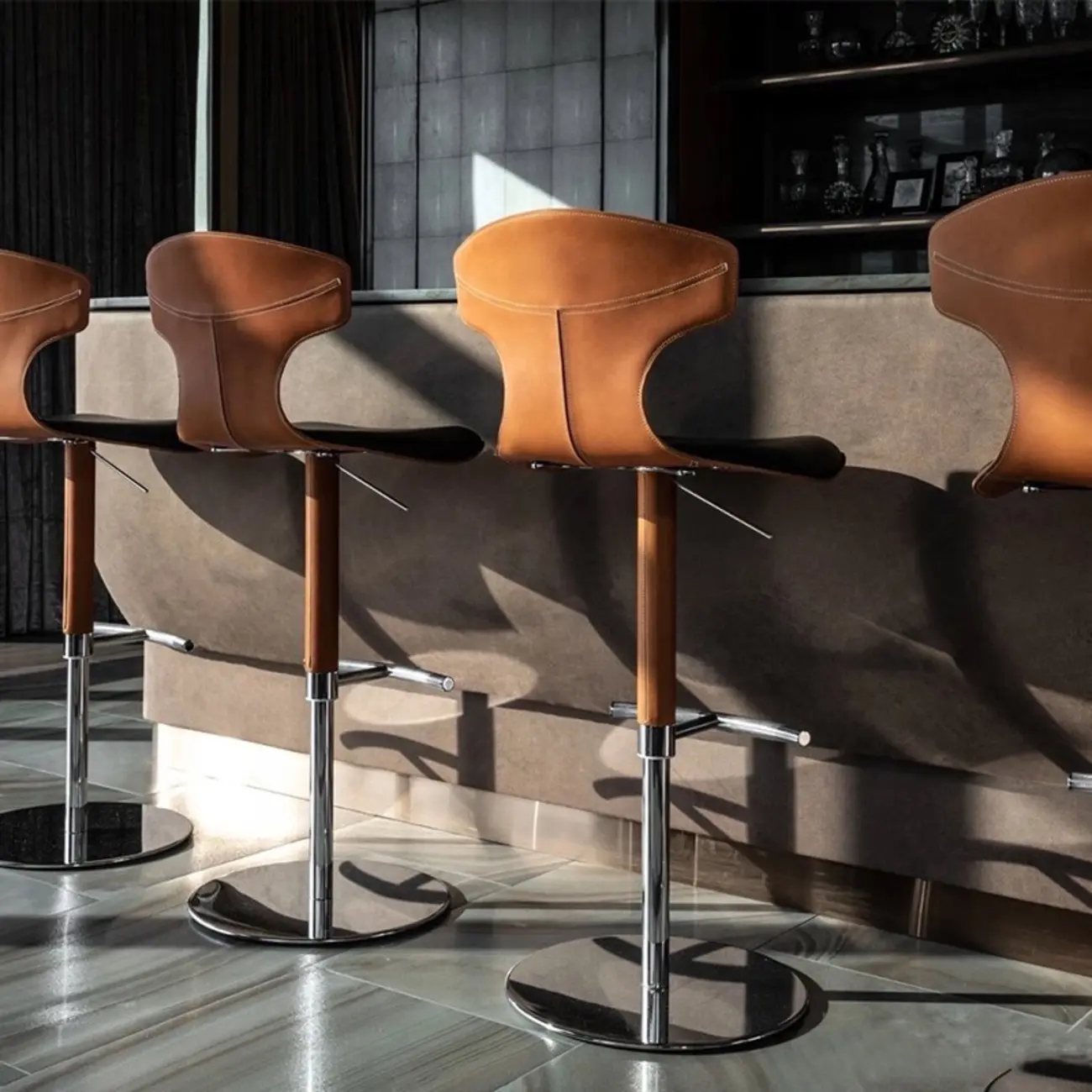 Minimalist Beige Leather Saddle Bar Stools Image - 4 | homeyfad