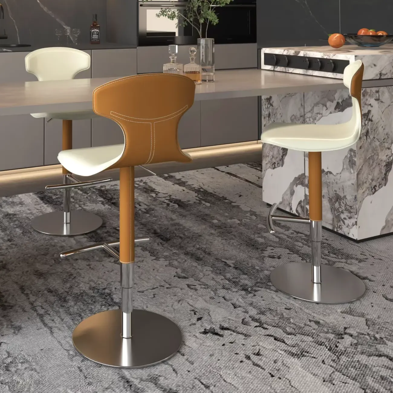 Minimalist Beige Leather Saddle Bar Stools Image - 2