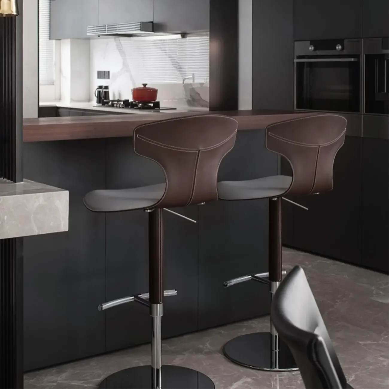 Minimalist Beige Leather Saddle Bar Stools Image - 1