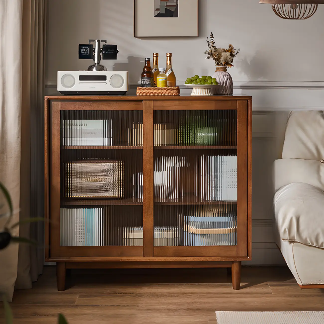Rectangular Cherry Wood Sliding Glass Door Sideboard Cabinet Image - 1 | homeyfad