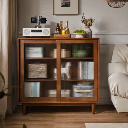 Rectangular Cherry Wood Sliding Glass Door Sideboard Cabinet Image - 1