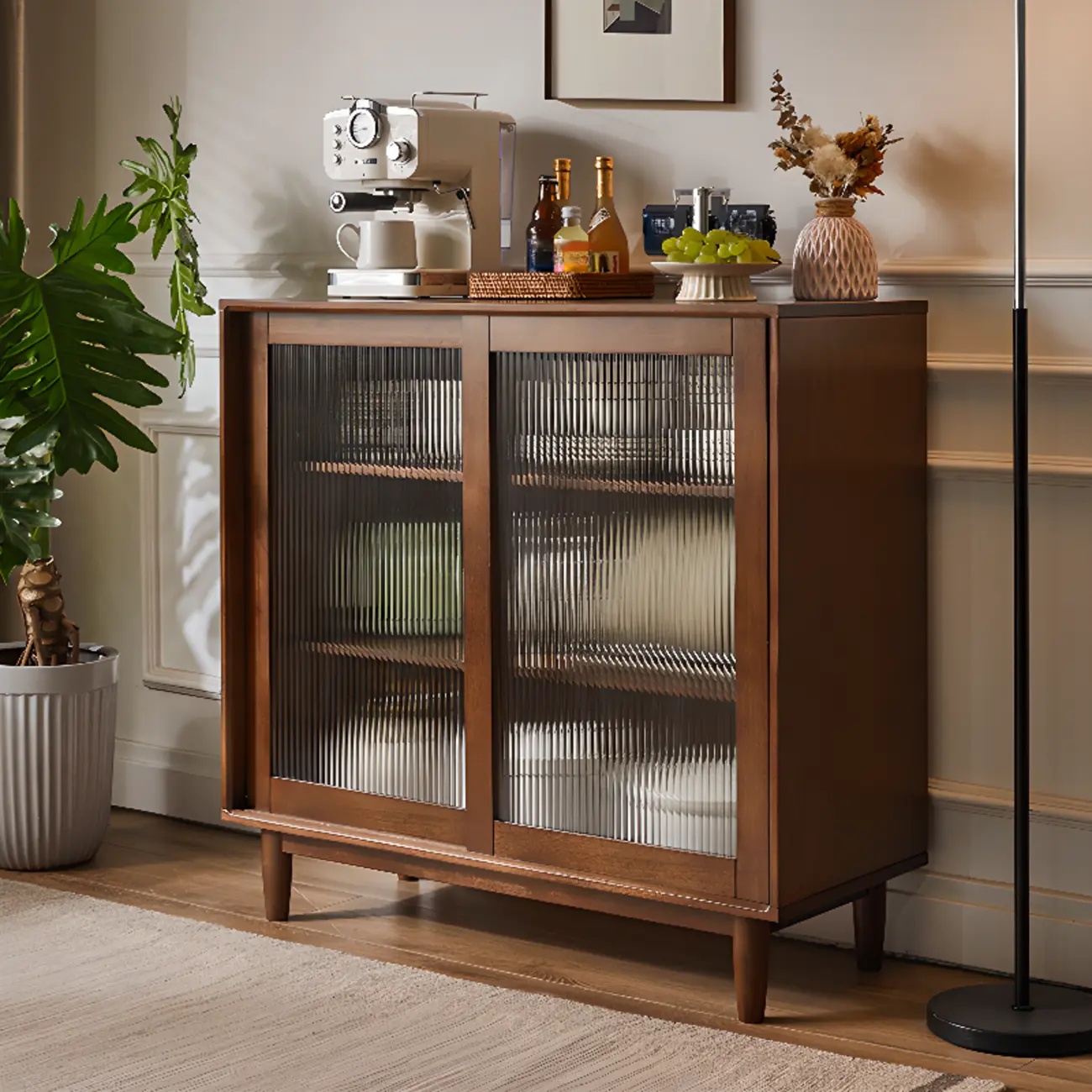 Rectangular Cherry Wood Sliding Glass Door Sideboard Cabinet Image - 2 | homeyfad