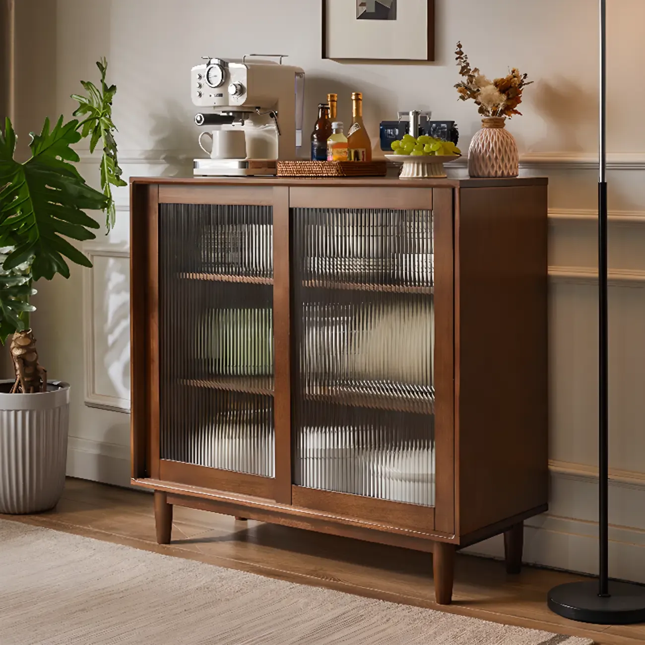 Rectangular Cherry Wood Sliding Glass Door Sideboard Cabinet Image - 2