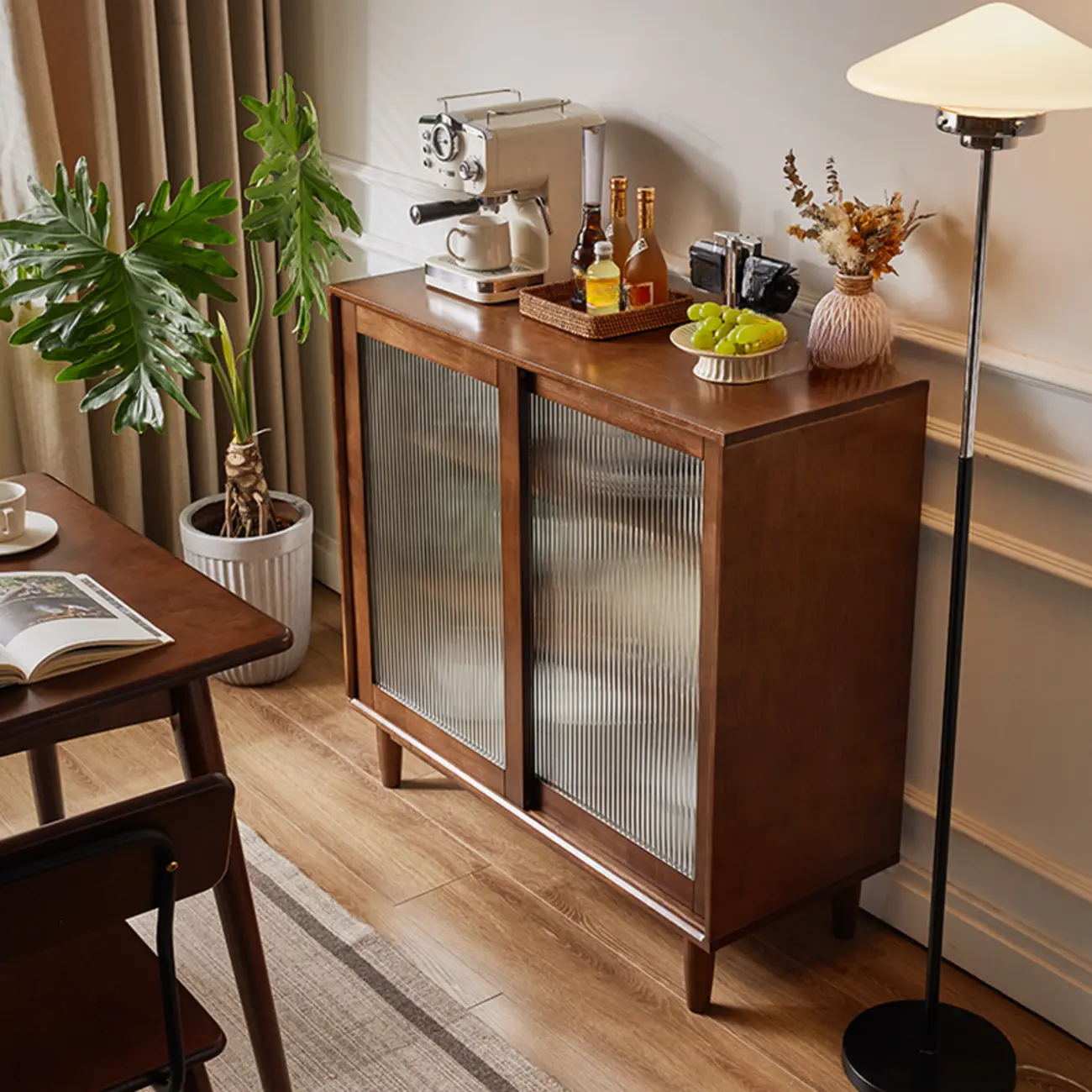 Rectangular Cherry Wood Sliding Glass Door Sideboard Cabinet Image - 6 | homeyfad