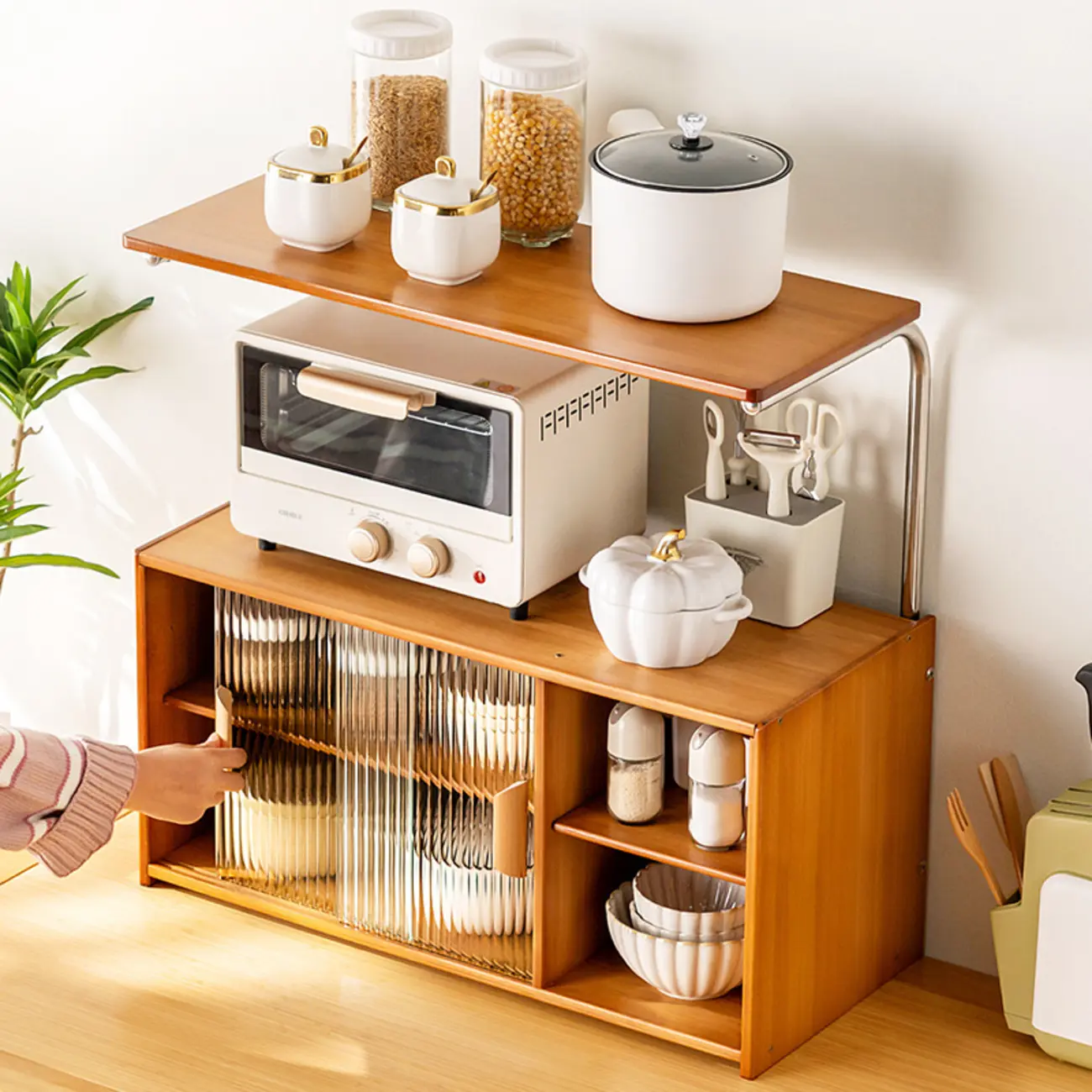 Stylish Tabletop Glass Bamboo Sideboard Cabinet with Open Shelf Image - 2 | homeyfad