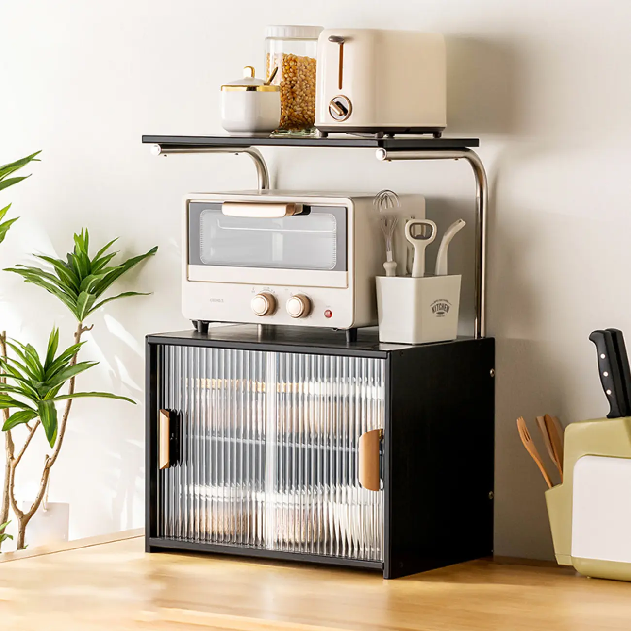 Stylish Tabletop Glass Bamboo Sideboard Cabinet with Open Shelf Image - 4 | homeyfad