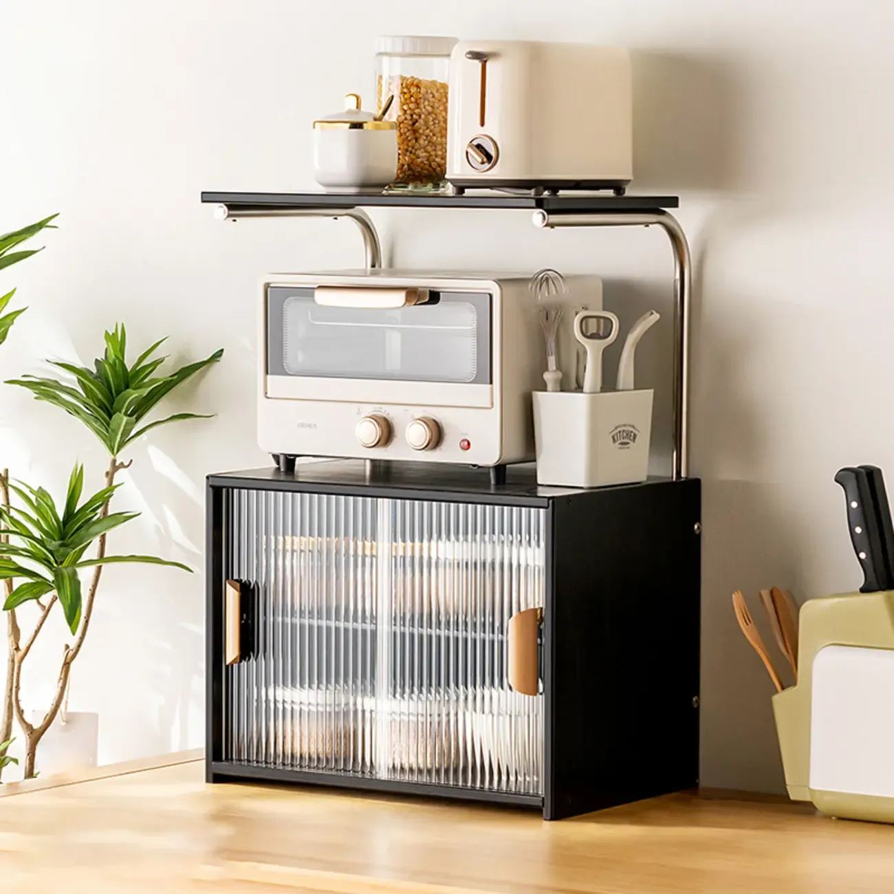 Stylish Tabletop Glass Bamboo Sideboard Cabinet with Open Shelf Image - 4