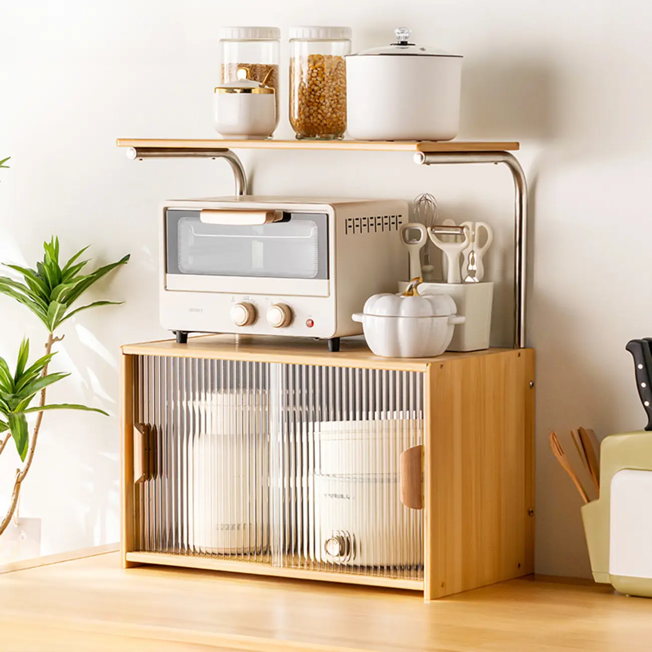 Stylish Tabletop Glass Bamboo Sideboard Cabinet with Open Shelf Image - 3 | homeyfad